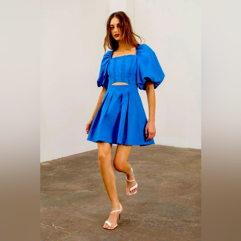 ANTHROPOLOGIE Moon River Royal Blue Puff Sleeve Mini Dress Size S